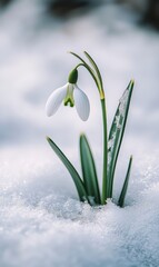 Delicate snowdrop emerging from snow.  A solitary, white snowdrop flower with green leaves pushes through a layer of snow, symbolizing spring's arrival