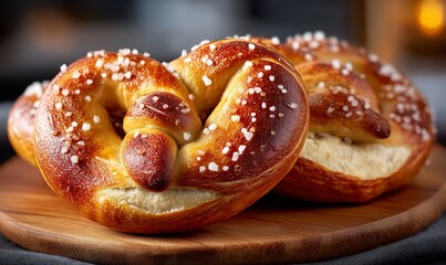 Golden, fluffy pretzels on a wooden board