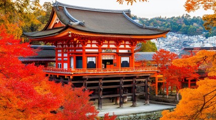 Traditional Japanese temple in autumn foliage, vibrant colors, peaceful scene