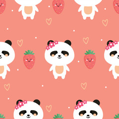 Obraz premium Seamless pattern cartoon panda and strawberry. cute animal wallpaper for fabric print, gift wrap paper