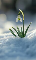 Delicate snowdrop emerging from snow