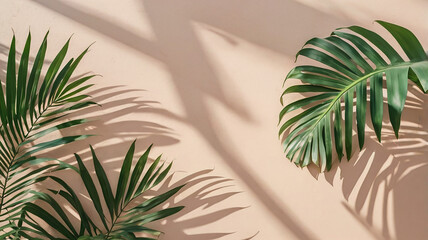 Green palm leaves and their artistic reflections on the cream wall.