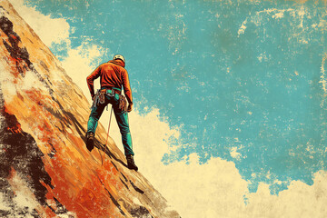 Silhouetted Climber on a Mountain Peak with Gradient Background