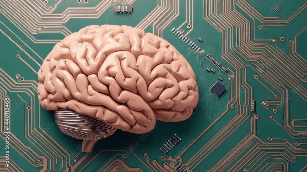 Poster a human brain sits on a computer circuit board, symbolizing artificial intelligence and the fusion o