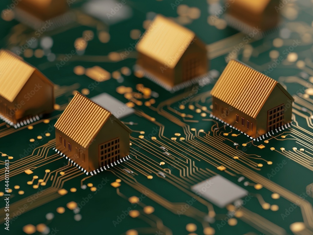 Poster tiny house models placed on a computer circuit board, symbolizing smart homes and digital connectivi
