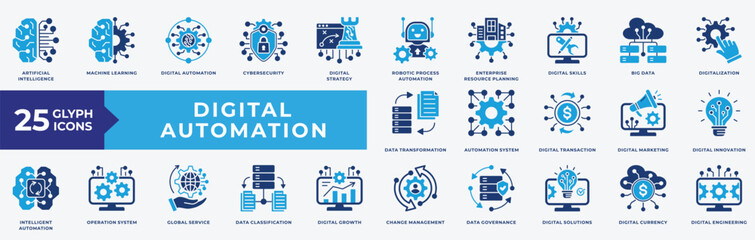 Digital Automation icon collection  set. Containing artificial intelligence, machine learning, digital, automation, cybersecurity, robotic, process and big data. Simple flat vector illustration.