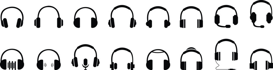 Headphone Icon set Vector, Diverse headphone Styles, Audio, Music Listening. Perfect for Web Design, Apps, Software Interface. Modern simple black design. Customer service. transparent background