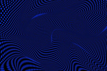 Wavy blue light halftone dots gradient grunge background. Glowing abstract futuristic blue halftone dot effect on black background.