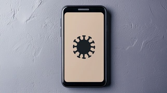 A smartphone displays a virus icon on its screen, symbolizing digital health or COVID-19 awareness.