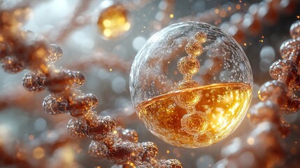 3D - rendered liquid bubble with layered molecular elements in golden hues, on a DNA - related background, representing high - end molecular skincare innovation.