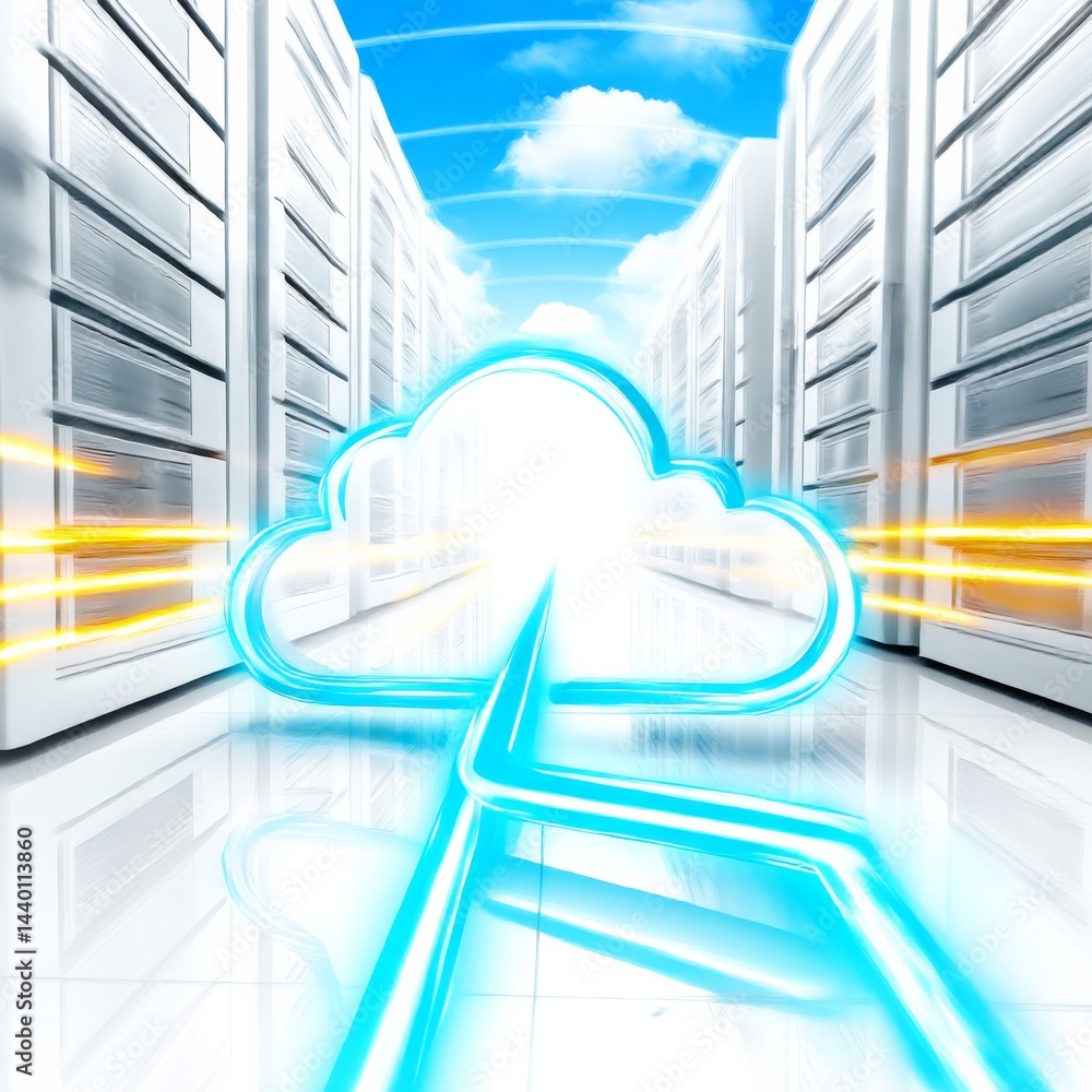 Aufkleber cloud computing architecture: data center with cloud symbol and blue sky background