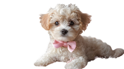 Fluffy poodle plush with pink bows made of soft plush fabric, ultra-realistic texture, sharp focus, white background, isolated object, high detail, studio lighting, no shadows