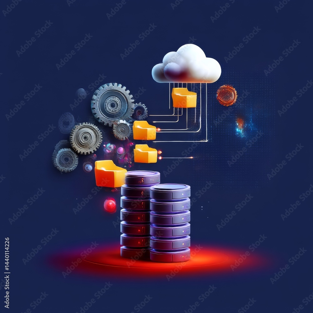 Aufkleber cloud storage and data management: a digital landscape with automation and connectivity.