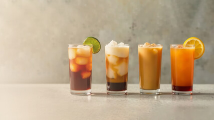 Fototapeta premium A stylish arrangement of iced coffee drinks with different garnishes, set against a concrete backdrop, banner