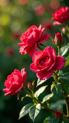 close up blooming red roses on a sunny day in the park, vertical
