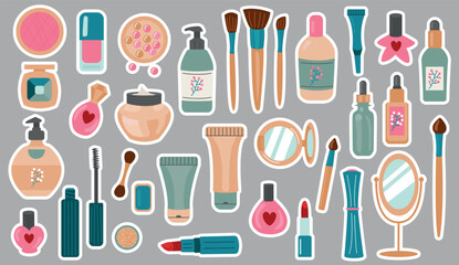 Colorful Illustration of Makeup and Beauty Products. Cosmetics Stickers