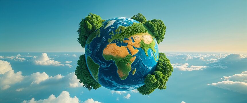 Environmentally-themed digital painting with globe made of forests and oceans, floating on the left side, clear sky-toned gradient background for banners - Powered by Adobe