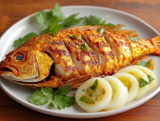 Deliciously prepared whole fish garnished with fresh herbs and served with sliced lemon, showcasing vibrant colors and appetizing presentation