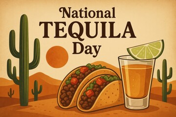 Celebrating National Tequila Day with tacos and a shot in a desert setting at sunset
