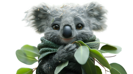 Koala character hugging a eucalyptus leaf made of soft plush fabric, ultra-realistic texture, sharp focus, white background, isolated object, high detail, studio lighting, no shadows