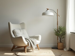 Cozy nook with an armchair and floor lamp in Scandinavian eco-style. Colors: milky white, warm gray, shades of green. Light wood textures, soft rug, natural accents.