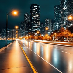 Obraz premium Vibrant City Nights with Smooth Light Trails and Urban Skyline Reflections in Long Exposure Photography