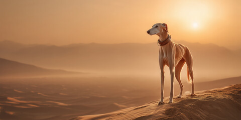 Graceful Saluki dog standing on desert dune at sunset