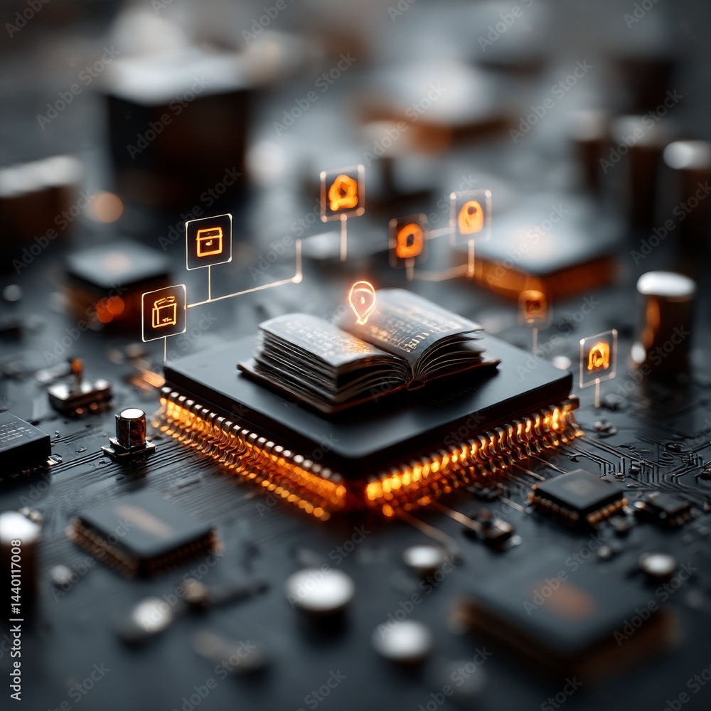 Fototapete digital knowledge: an open book on a microchip illuminating modern information technology