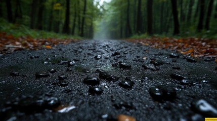 Wet forest path, close-up.  Fallen leaves, wet stones
