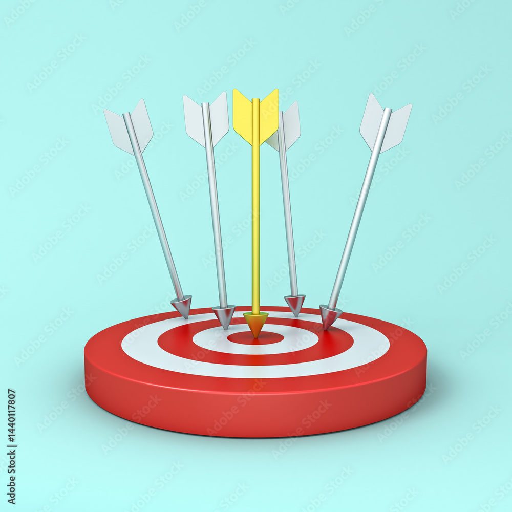 Leinwandbilder gold arrow hitting straight to the center of goal target dartboard isolated on blue pastel color bac