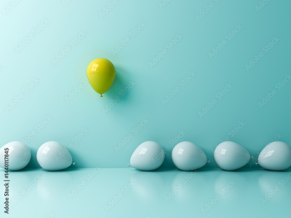 Poster stand out from the crowd and different concept one yellow balloon flying or floating above other whi