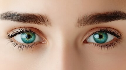 Obraz premium Close up of bright blue eyes, long eyelashes, and well-defined eyebrows on fair skin