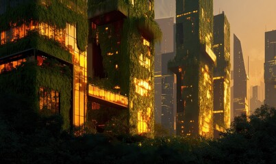 Futuristic City Overgrown with Vegetation at Sunset