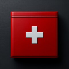 Fototapeta premium Emergency Preparedness: A Red First Aid Kit with White Cross on a Dark Background Offers Essential Healthcare.