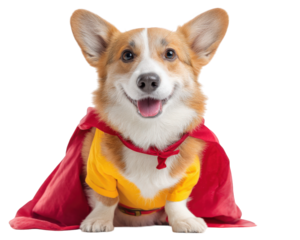 Proud Corgi dressed as superhero, wearing bright yellow shirt and red cape, exudes heroic charm. This adorable dog showcases joyful expression, embodying spirit of adventure and fun