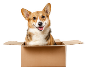 Corgi dog sitting in cardboard box, looking cheerful and playful. adorable expression and cozy setting create delightful scene that brings joy to viewers