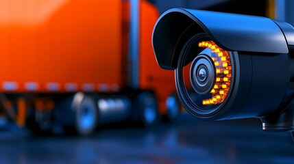 Close-up of a security camera focused on a truck parked in a depot. Security and surveillance