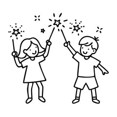 kids with sparklers icon, kids with sparklers line art - simple line art of kids with sparklers, perfect for kids with sparklers logos and icons