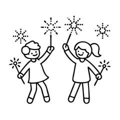 kids with sparklers icon, kids with sparklers line art - simple line art of kids with sparklers, perfect for kids with sparklers logos and icons