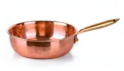 A gleaming copper saucepan with a polished brass handle rests on white, catching the light across. Its metallic sheen and classic craftsmanship invite culinary inspiration and timeless kitchen style