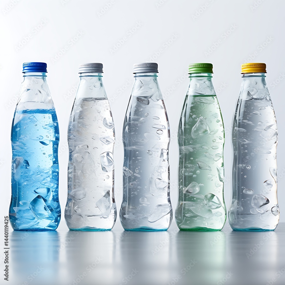 Poster quenched refreshment: a row of pristine, clear glass bottles, filled with pure water and adorned wit