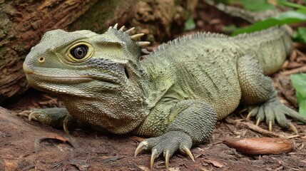 Fototapeta premium Ancient Reptile: Tuatara Portrait in Natural Habitat