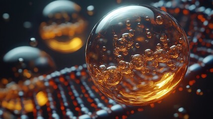 3D - rendered liquid bubble with clustered golden molecules, on a DNA - related background, symbolizing high - end molecular skincare science.