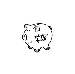 A hand drawn piggy bank with words 'piggy bank' written in cursive on the side