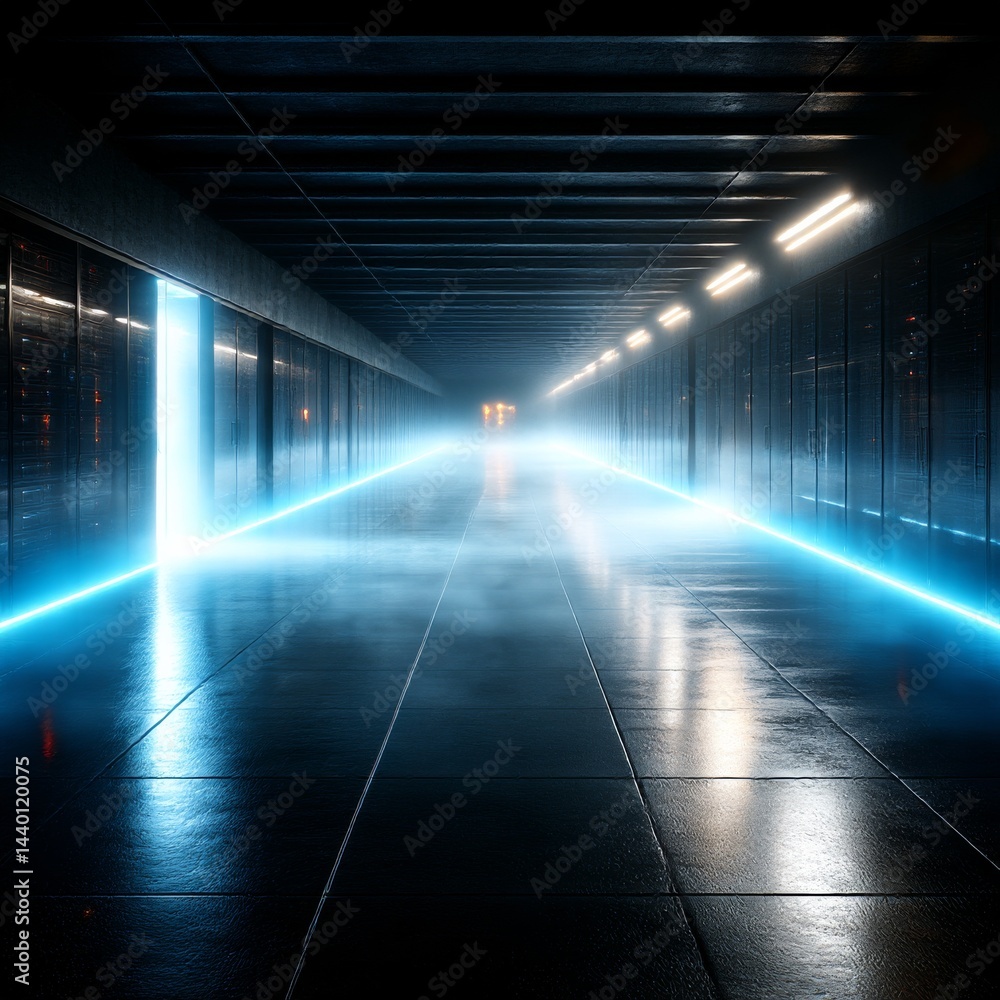 Poster futuristic server room corridor with blue neon lighting and reflections: a glimpse into modern data 
