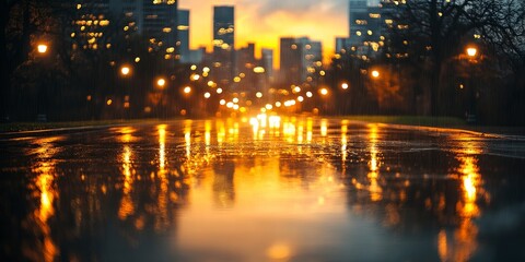 Fototapeta premium Wet City Street at Night with Reflections