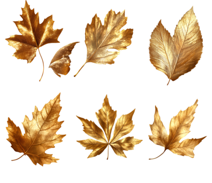 Set of golden leaves isolated on a transparent background,