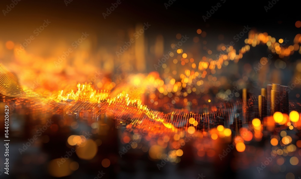 Poster abstract cityscape data visualization: glowing orange grid and bokeh lights