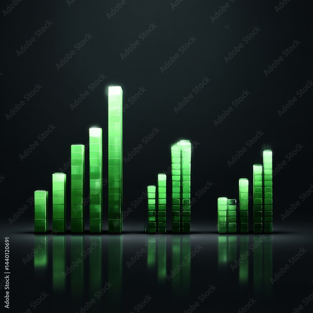 Poster green glassy growth: abstract graph visualizing data trends on a black reflective surface