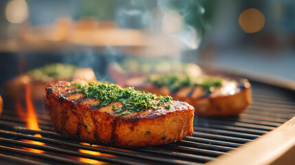 Delicious grilled steak with herbs on barbecue grill perfect for summer cookout and bbq party time